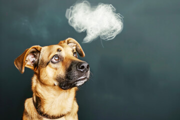 Dog with thoughts balloon, thoughts bubble, on grey background, copyspace