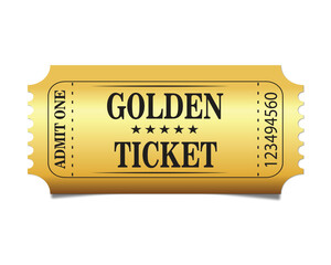 Vector golden ticket template. Admit one. Vector illustration.