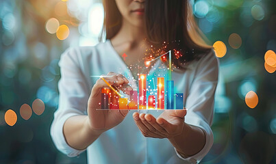 Businesswoman analyzing growing financial graph with augmented reality