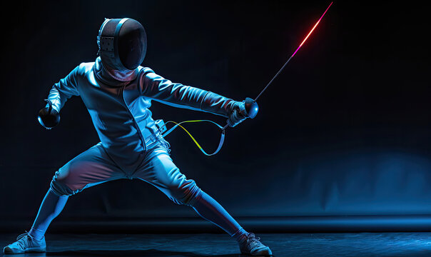 Professional fencer performing lunge attacking posture with foil sword