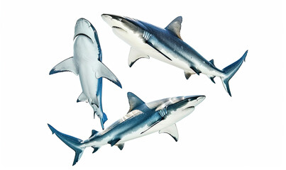 Obraz premium Three blacktip reef sharks swimming in crystal clear water