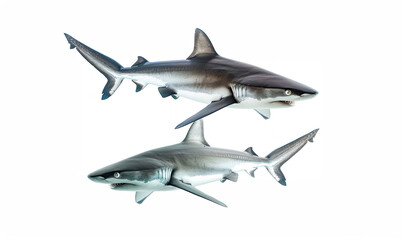 Fototapeta premium Two blacktip reef sharks swimming synchronously on white background