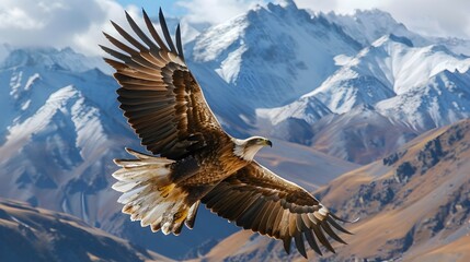 Obraz premium Majestic Eagle Soaring High Above Rugged Mountain Peaks in Dramatic Sky Landscape