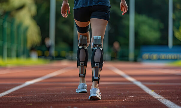 Young paralympic athlete walking on running track with prosthetic legs