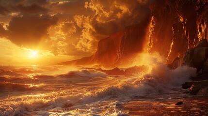 Coastal cliffs with crashing waves and a dramatic sunset
