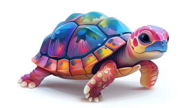 Colorful Cartoon Turtle with Vibrant Geometric Shell on White Background