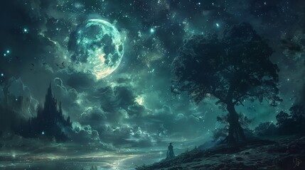 Naklejka premium Fantasy Night Sky with Moon and Castle