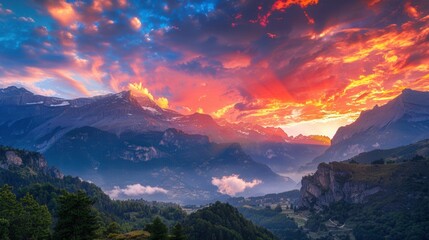 Majestic mountain landscape with a dramatic sky and vibrant sunset colors