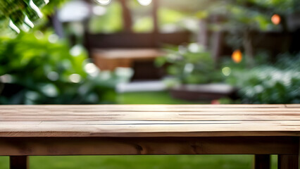 Fototapeta premium Empty wooden table in garden focus on table front and blur garden