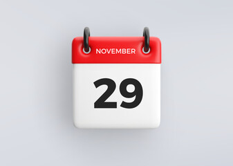 3D calendar icon with date 29 November on grey background. Vector schedule symbol.