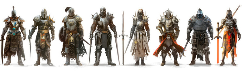 Obraz premium Eight medieval fantasy warriors posing with swords and shields