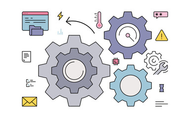 Factory mechanism and gear wheels with machine work technology concept vector illustration.
