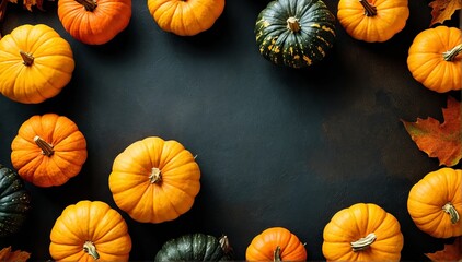 an autumn design concept made of orange, yellow and green pumpkins on a dark background. Flat layout, top view with space to copy