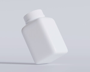 Pill or supplement bottle and square style production on gray background