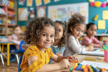 Smiling girl with curly hair is playing with colorful art supplies in an art class with her classmates