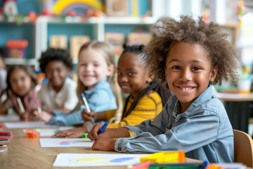 Happy african american schoolgirl is smiling while drawing with her classmates in kindergarten