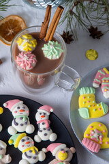 Christmas marshmallows. Winter candy. Sweet food in december. Snowman and Santa Claus