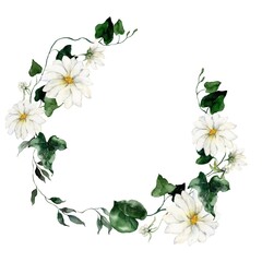 Naklejka premium Watercolor floral wreath featuring flowers, bedstraw and herbs. Hand-drawn frame of a plant bouquet on a white background. An outdoor illustration for design, printing or fabric background.