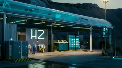 Naklejka premium Clean hydrogen as renewable energy source at factory