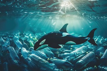 Fototapeta premium Orca Swimming Through Plastic Waste in the Ocean