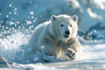 Naklejka premium A polar bear cub sliding down a snowy slope, with a joyful expression. The background shows a snowy Arctic landscape 