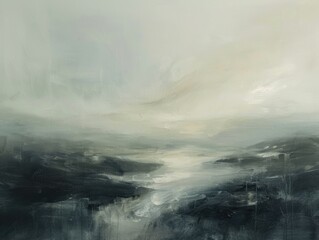 Obraz premium Abstract painting of a serene landscape with misty mountains and a tranquil river, capturing a soothing, ethereal atmosphere.