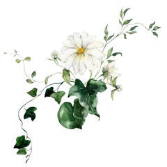 Watercolor floral card featuring flowers, herbs and bedstraw. Hand-drawn poster of a plant bouquet on a white background. An outdoor illustration for design, printing or fabric background.