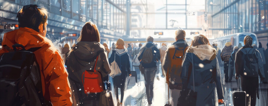 An artist sketching portraits of strangers in a bustling train station, capturing the diversity and movement of commuters.