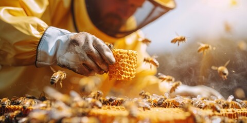 Beekeeper in a yellow suit handling a honeycomb surrounded by bees. Close-up shot highlighting the honeycomb texture, protective gear, and active bees