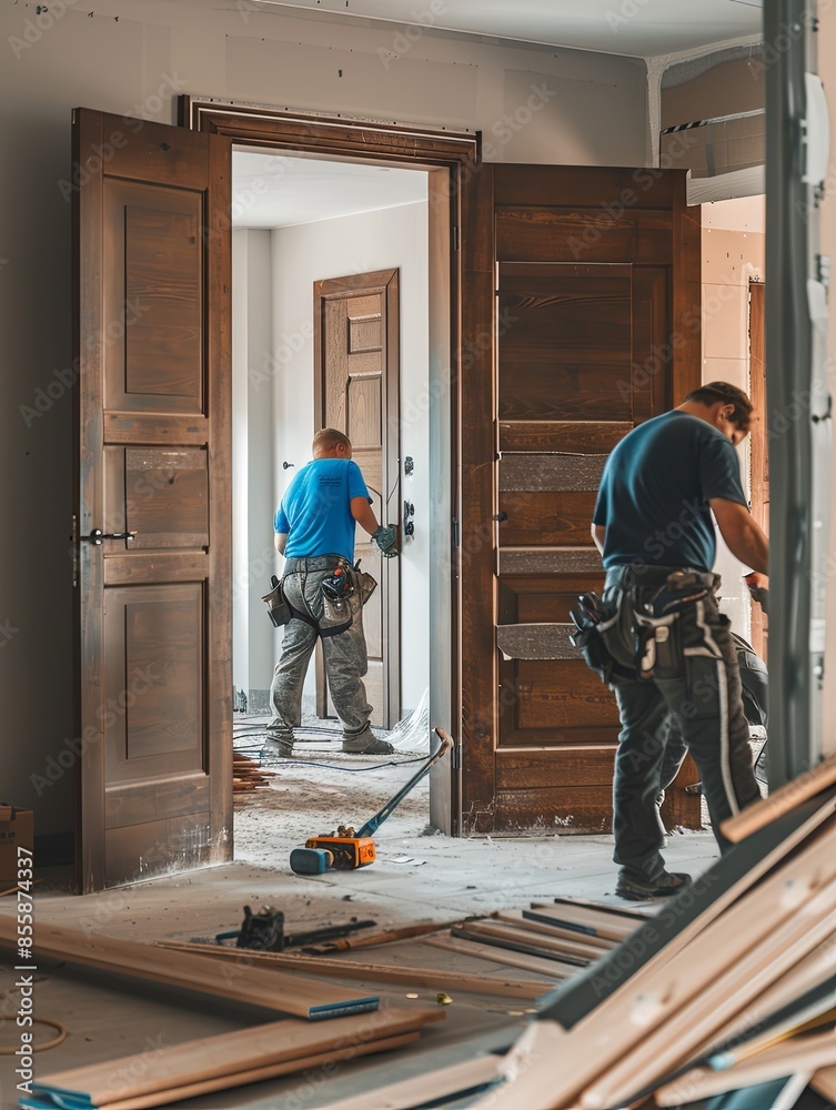Poster two workers carefully install a new door in a modern home, displaying their expertise. tools and mat
