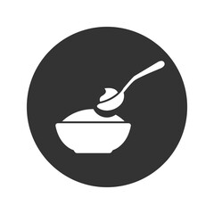 Baby spoon and bowl full of meal vector icon isolated