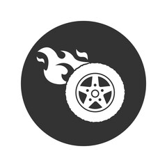 Car wheel and tire with flames icon vector sign