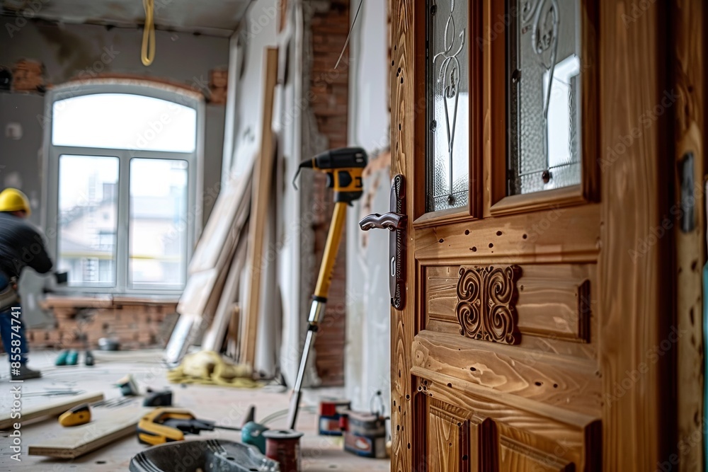 Poster workers carefully installing a new door inside a home under construction, with tools and materials s