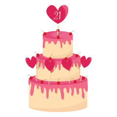 Cherries pink Happy Birthday cake. Party and celebration design elements. Flat style vector illustration. Pink pie.