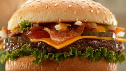 Delicious cheeseburger with cheese, lettuce, tomato, red onion and bun.