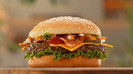 Delicious cheeseburger with cheese, lettuce, tomato, red onion and bun.