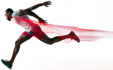 Dynamic image of athletic African-American man in action, running, training isolated on transparent background with led elements. Concept of sport, action and motion, marathon, competition