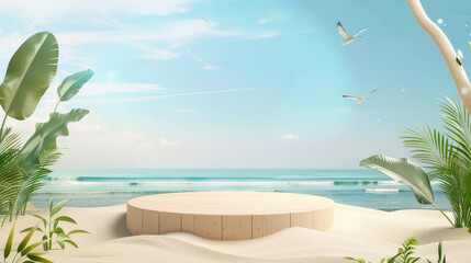 Fototapeta premium 3D summer beach podium with sand, serving as a display platform against a sea background