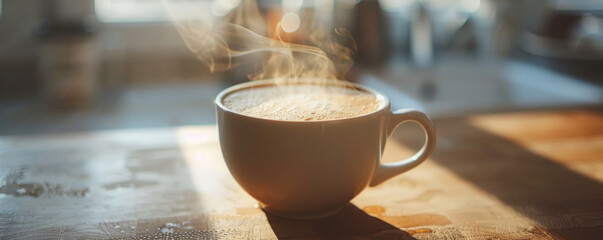 A steaming cup of coffee with a frothy layer of milk, its aroma filling the air.