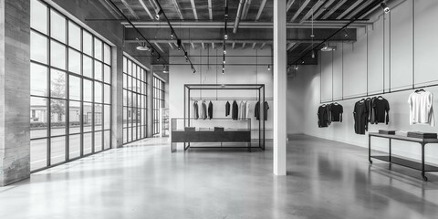 Black and white render of an industrial-style empty store interior with concrete floors, large windows, and high ceilings