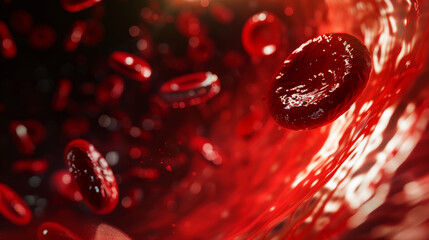 Fototapeta premium Red blood cells and platelets flowing through a vein, depicted in a 3D abstract background