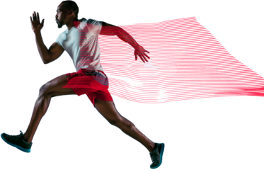 Determined athlete, African-American muscular man, running athlete training, preparing for run competition isolated on transparent background. Concept of sport, action and motion, marathon, endurance