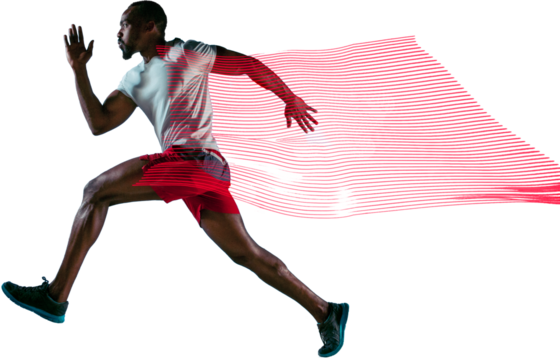 Determined athlete, African-American muscular man, running athlete training, preparing for run competition isolated on transparent background. Concept of sport, action and motion, marathon, endurance