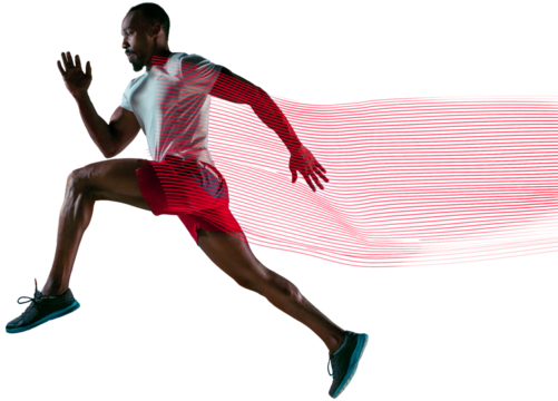 Speed and endurance. Muscular young man, running athlete in motion, training, running isolated on transparent background. Concept of sport, action and motion, marathon, competition
