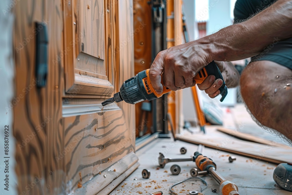 Poster a worker carefully uses a power drill to secure a new door frame, showcasing the professional instal