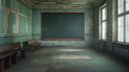 Fototapeta premium Photo of a long and narrow elementary school classroom with a very long distance to the blackboard, the classroom is empty