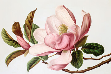 Pink magnolia flower is shown blooming on a branch with lush green leaves in a historical botanical illustration