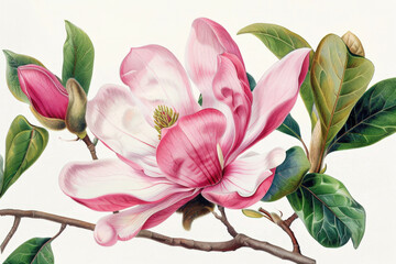 Beautiful pink magnolia flower blooming on a branch with green leaves in a vintage botanical illustration style