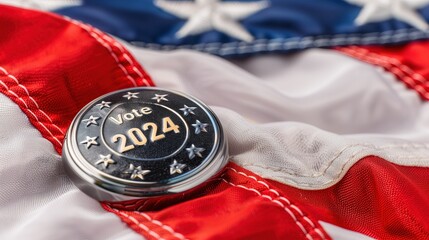 Vote 2024 Button with Stars on American Flag Background
