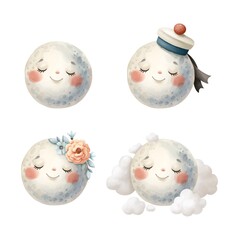 Watercolor set of illustrations with the moon with emotions in the clouds, flowers, in a sailor's beret. The illustration is perfect for design and printed products. JPG image format 300 dpi